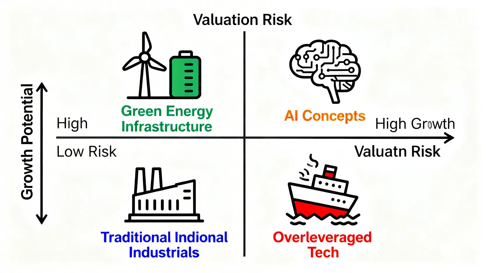 關鍵產業增長潛力與估值風險四象限圖,標示出綠色能源、AI概念、傳統工業等板塊的位置。
