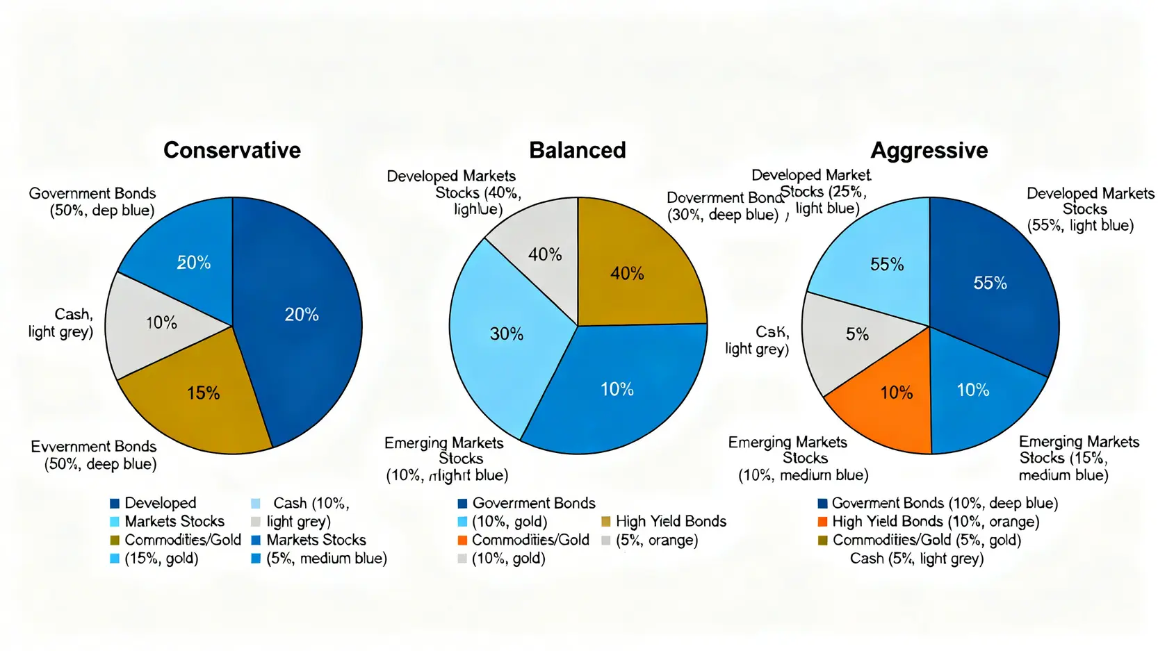 三種投資組合模型(保守型、平衡型、積極型)的資產配置圓餅圖,顯示股票、債券、商品和現金的比例。