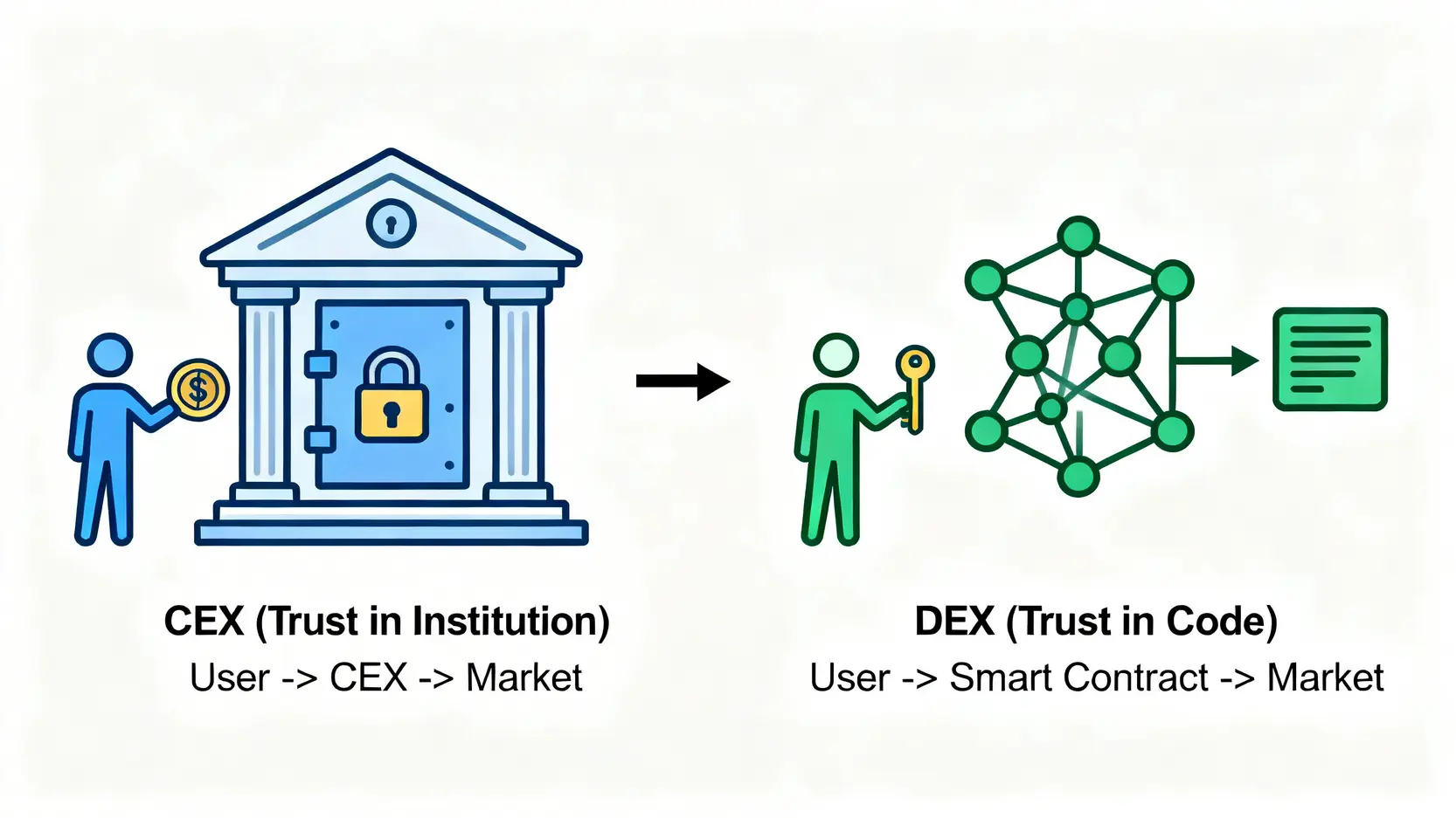 中心化交易所(CEX)與去中心化交易所(DEX)的對比圖,展示資產託管與信任模型的差異。