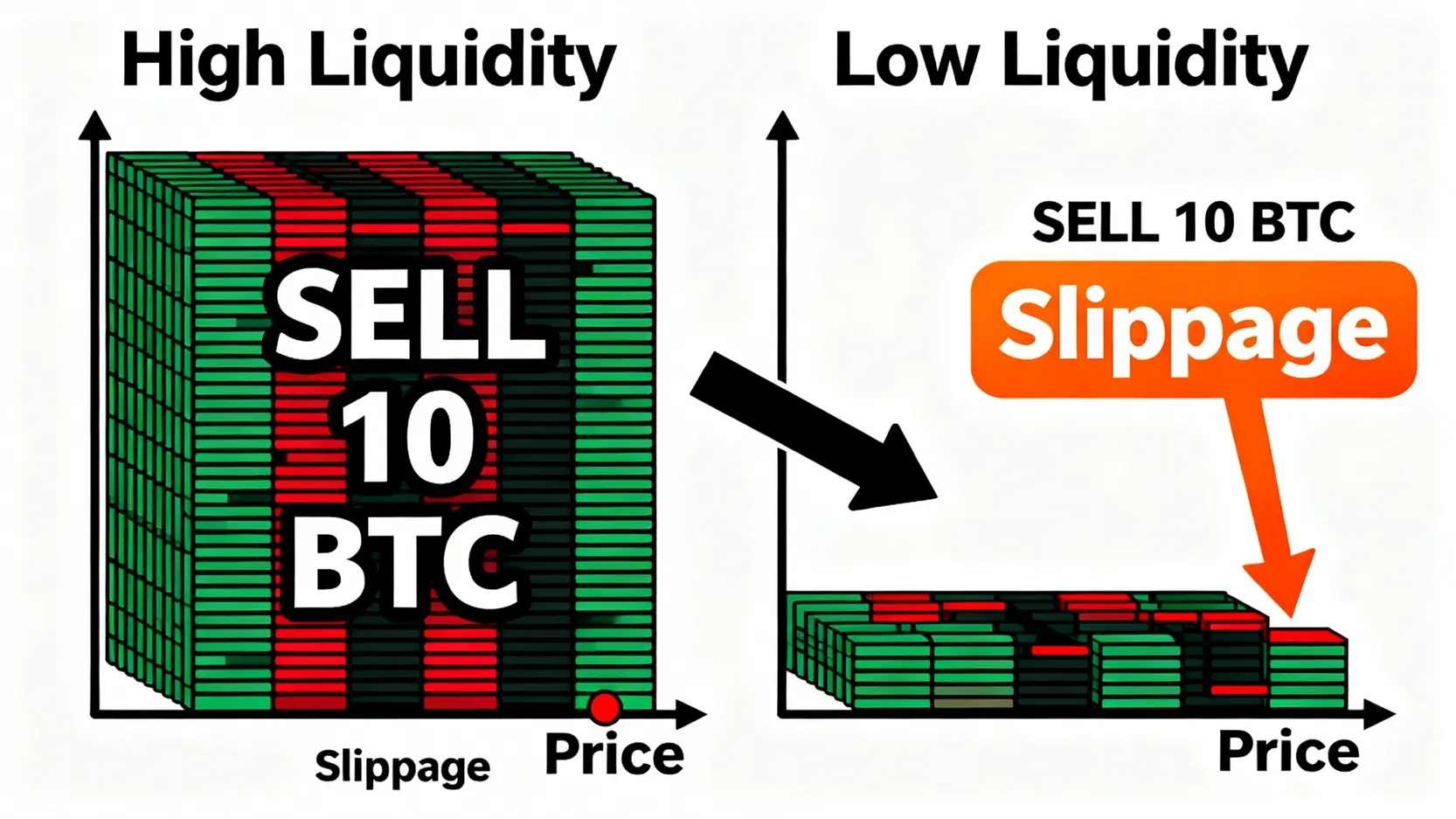 高流動性與低流動性交易所的交易滑點對比圖,顯示大額訂單對市場價格的影響。