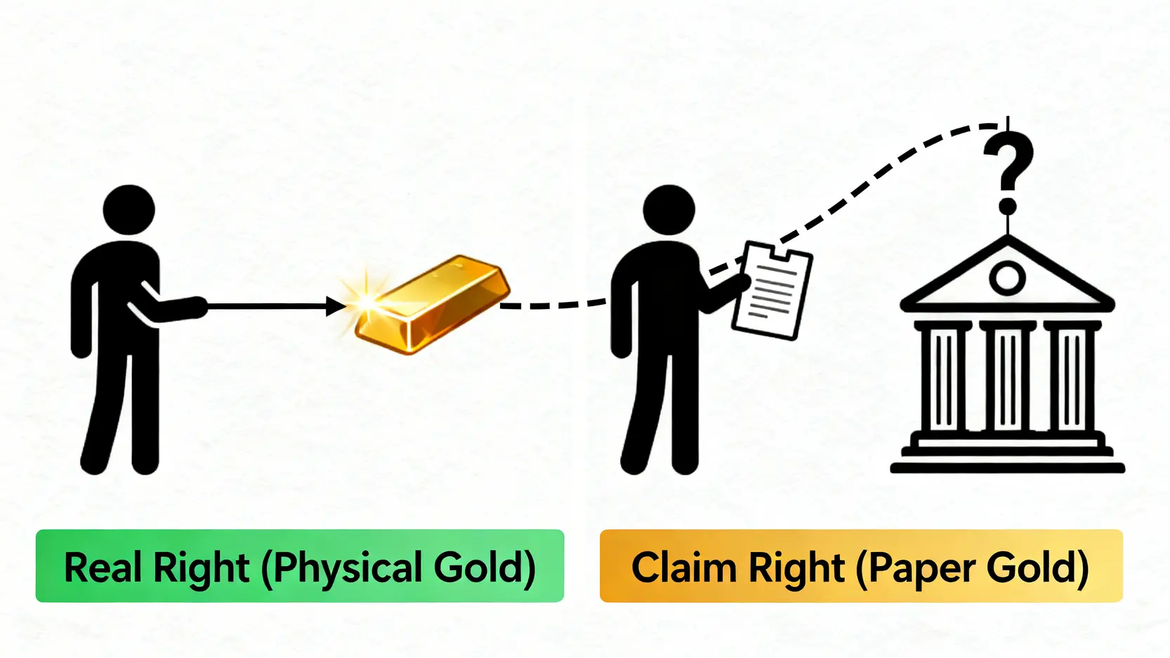 一張對比圖,解釋「物權」與「債權」的區別。左邊顯示一個人直接持有金條,代表物權;右邊顯示一個人持有銀行文件,文件指向銀行,代表債權與對手方風險。