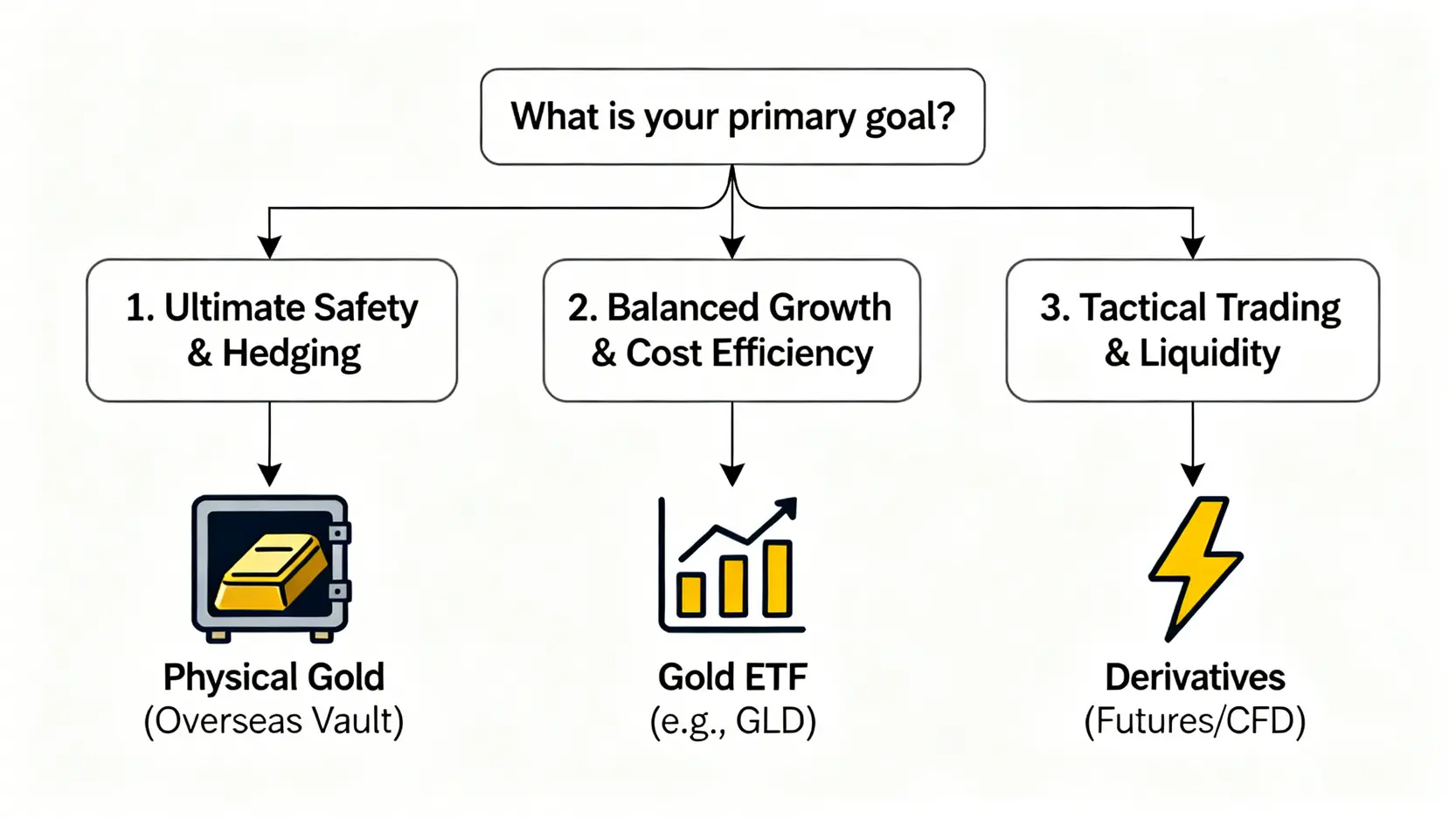 一張投資決策流程圖,根據三種不同投資目標推薦合適的黃金工具。目標「極致避險」對應「實體黃金」;目標「穩健增值」對應「黃金ETF」;目標「戰術交易」對應「黃金期貨/CFD」。