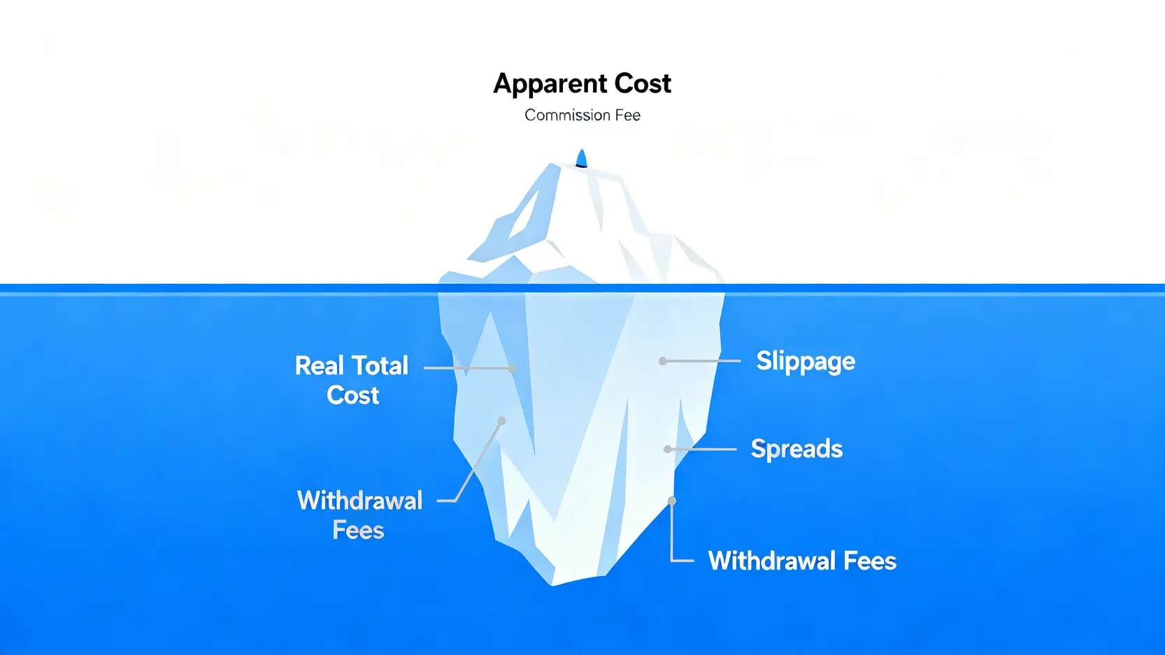 交易成本冰山模型圖,顯示可見的手續費只是冰山一角,而水面下的滑點和價差才是真正的隱形成本。