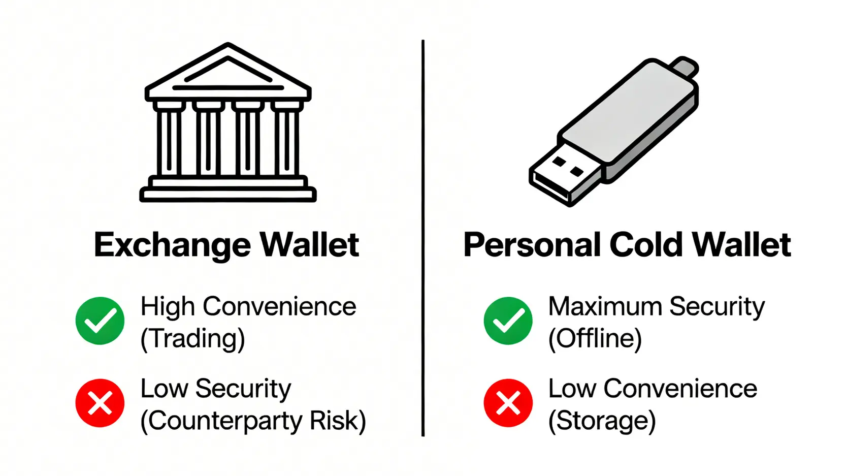 交易所錢包與個人冷錢包的對比圖,比較了兩者在便利性與安全性上的優缺點。