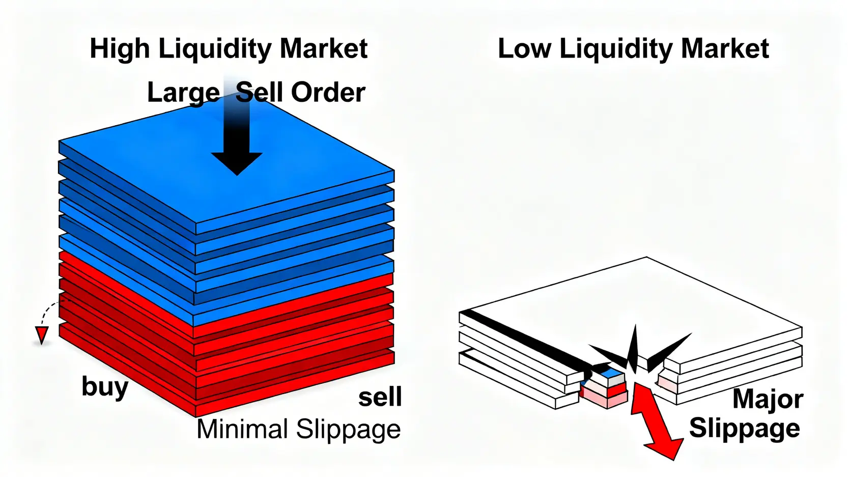 高流動性與低流動性市場的市場深度對比圖。