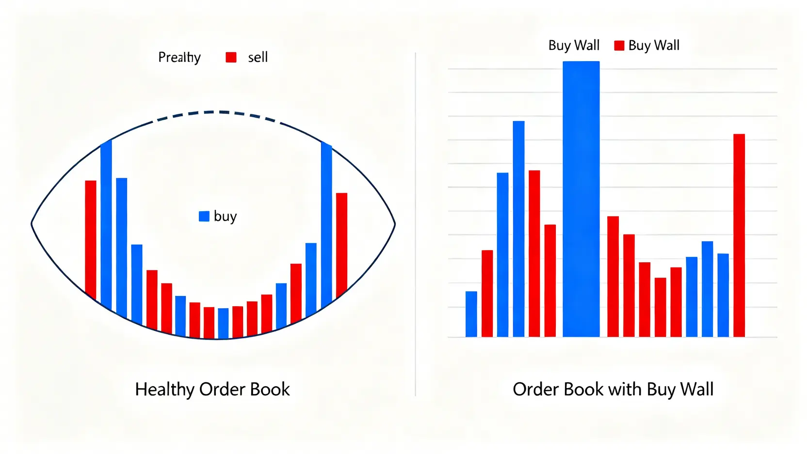 健康的訂單簿與存在掛單牆的危險訂單簿對比圖。