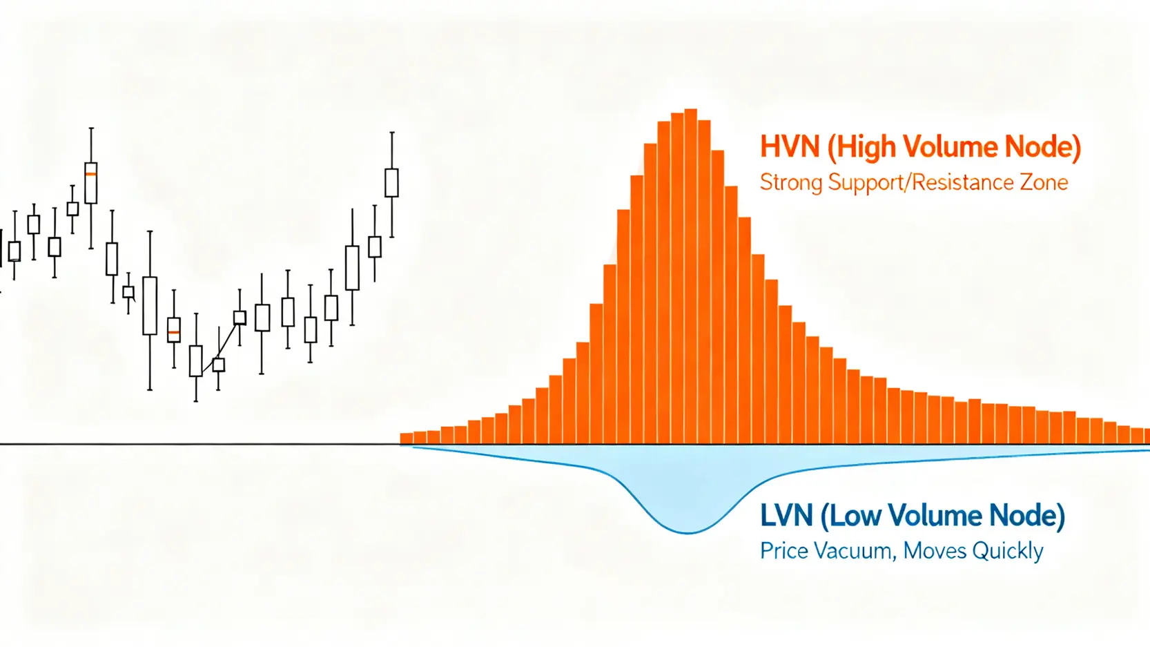 一張示意圖,解釋成交量分佈圖中的高成交量節點(HVN)作為支撐阻力區,與低成交量節點(LVN)作為價格真空區的概念。