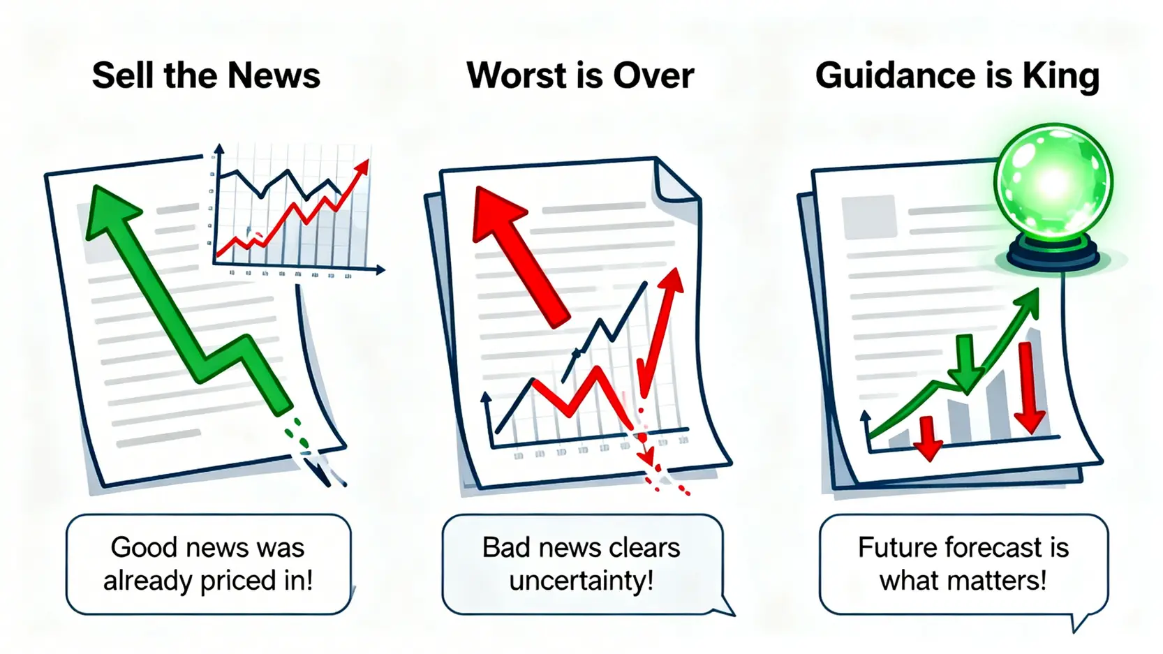 三種常見的財報公布後市場反應模式:利多出盡、利空出盡、以及未來指引為王。