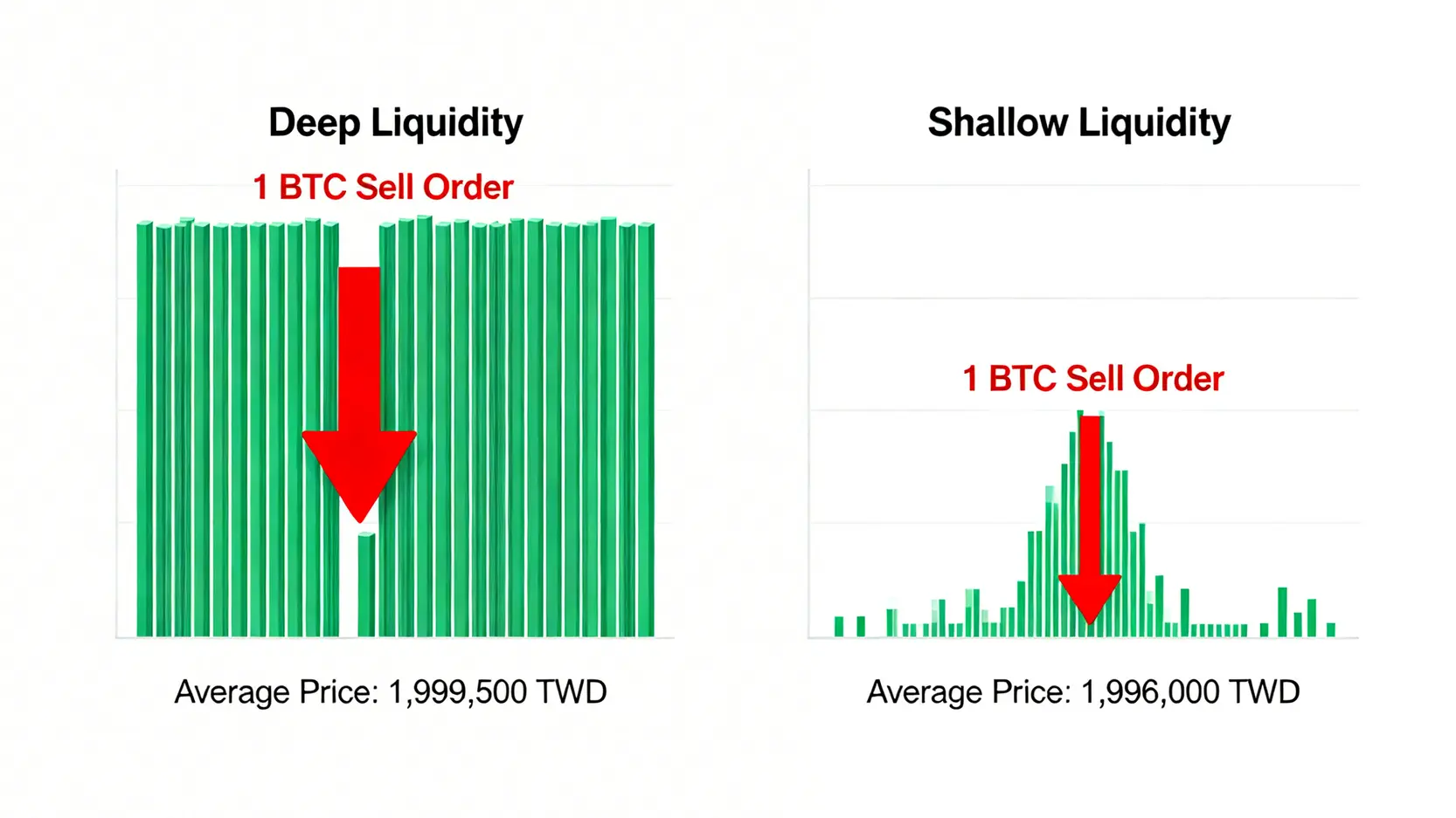 一張解釋交易滑點的對比圖,顯示在流動性深的交易所和流動性淺的交易所賣出比特幣時,成交價格的巨大差異。