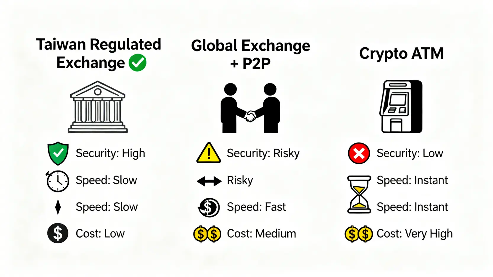 一張比較三種比特幣出金渠道的圖表,從安全性、速度、成本三個維度分析台灣合規交易所、國際交易所P2P和比特幣ATM的優缺點。