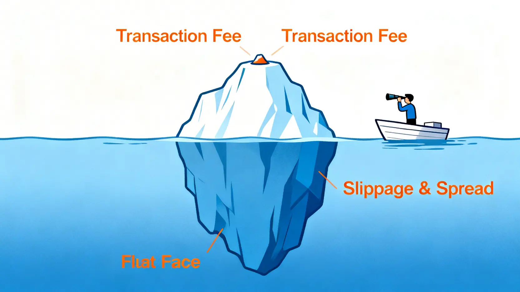 一張概念圖,顯示一座冰山,水面上的小尖端標示為「手續費」,而水下巨大的冰山主體則標示為「滑點與價差」,說明隱藏成本遠大於表面費用。
