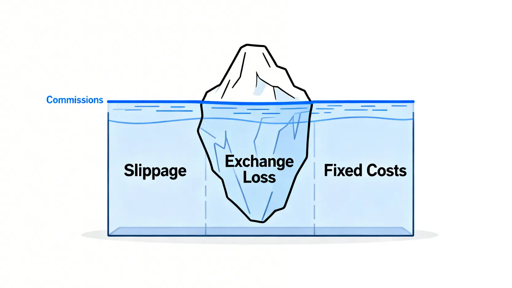 美股交易成本冰山圖,顯示手續費只是冰山一角,而滑價、匯損與固定成本是更大的隱藏成本。
