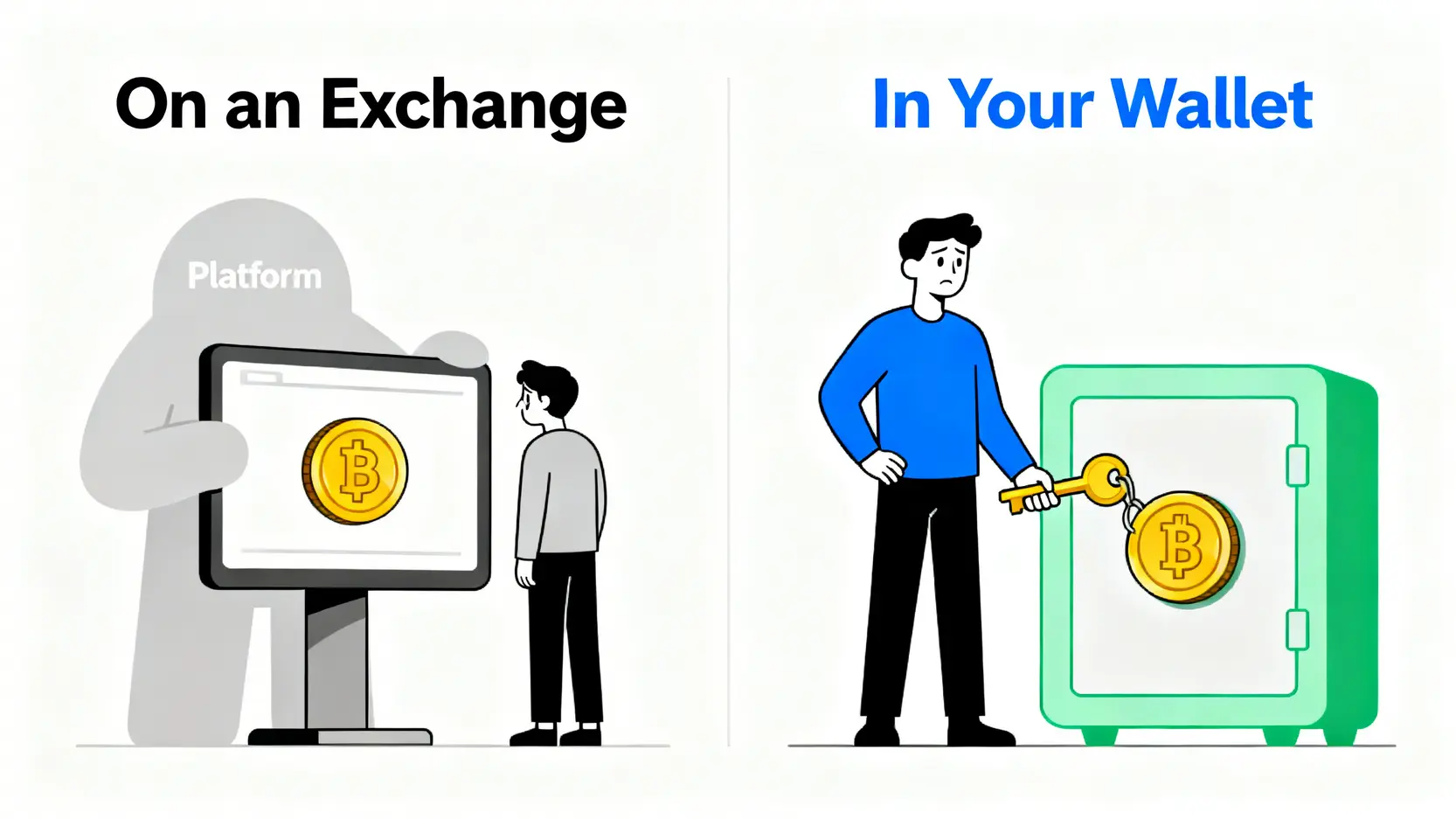 一張概念對比圖,左邊顯示用戶在交易所中無法直接掌控資產,右邊顯示用戶透過私鑰(鑰匙)在自己的錢包中完全掌控資產。