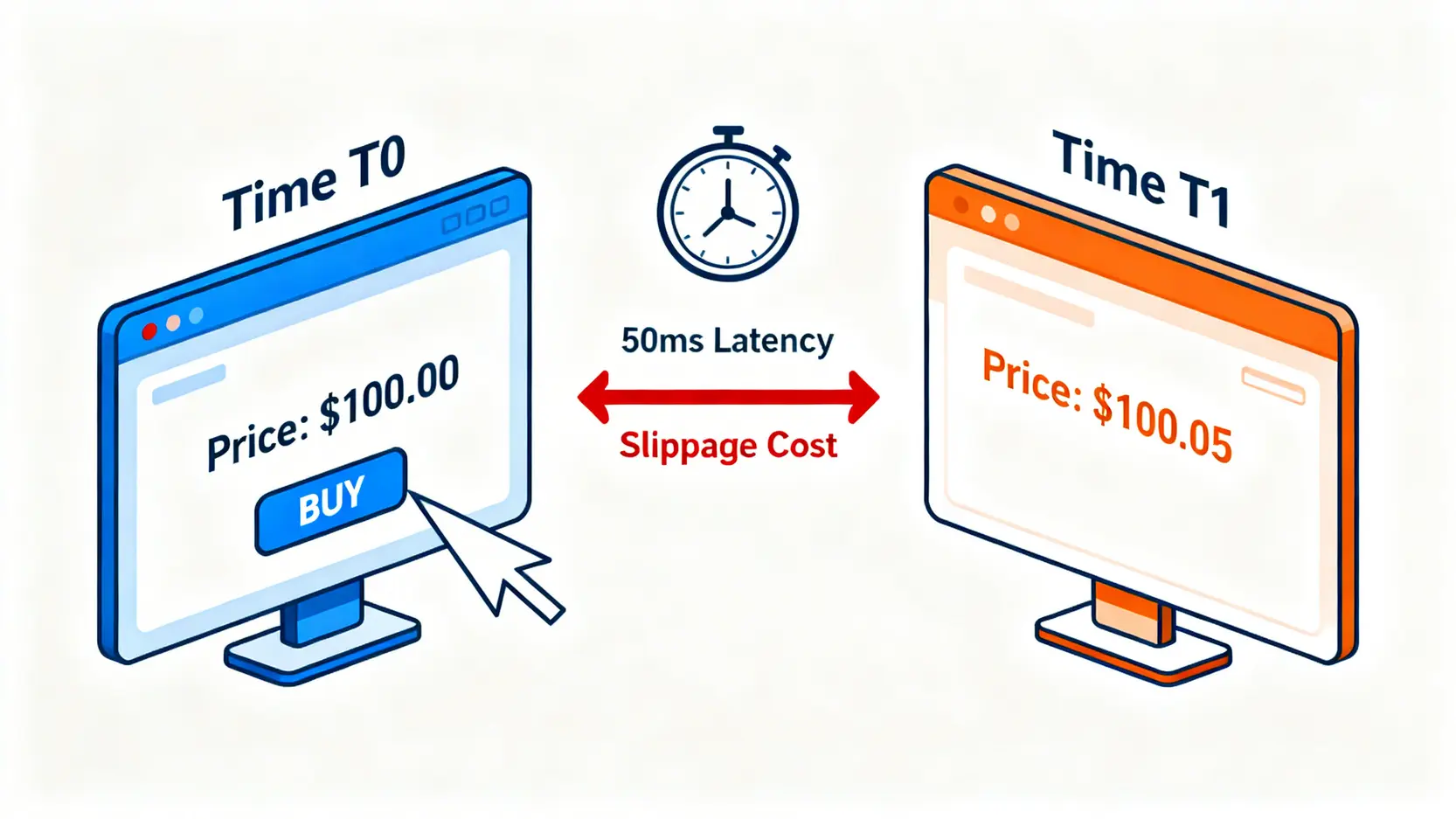 一張解釋交易延遲如何導致滑點成本的示意圖