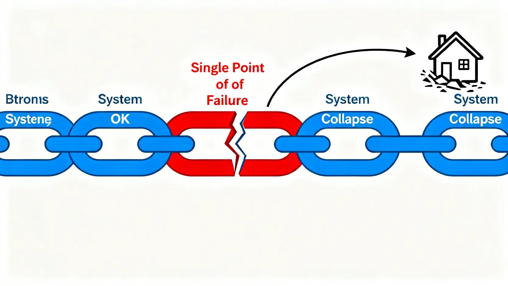 單點故障概念圖,展示鏈條中的一個薄弱環節導致整個系統崩潰。
