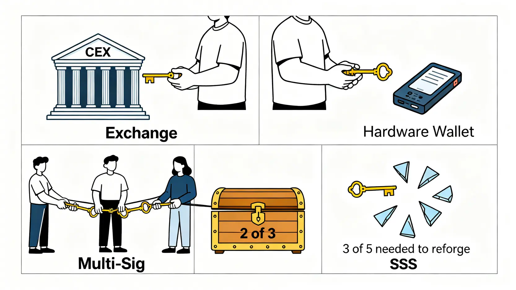 四種比特幣託管方案對比圖:中心化交易所、硬體錢包、多重簽名、Shamir秘密共享。