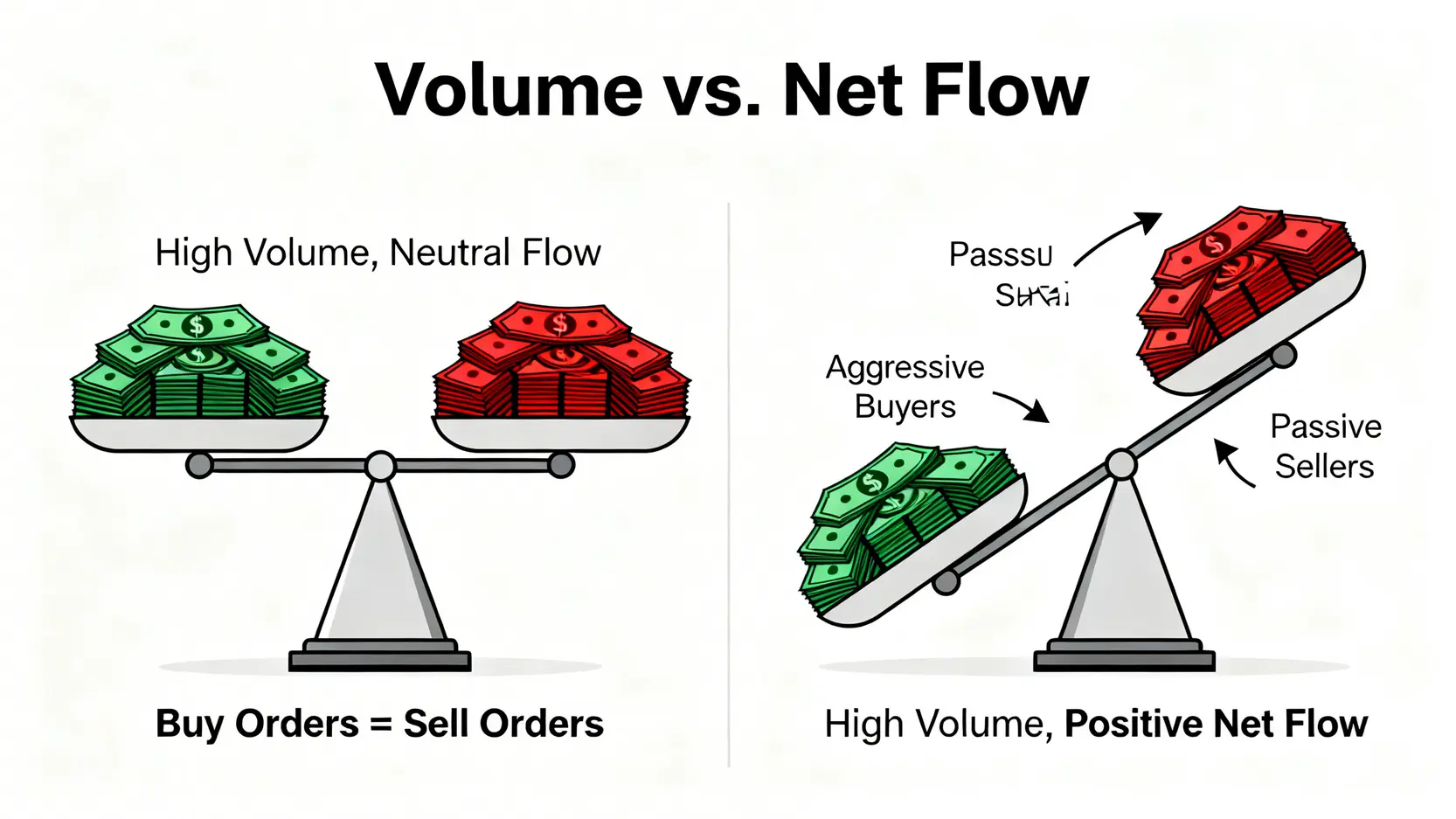 成交量與資金淨流向的對比圖,說明高成交量不等於資金淨流入。