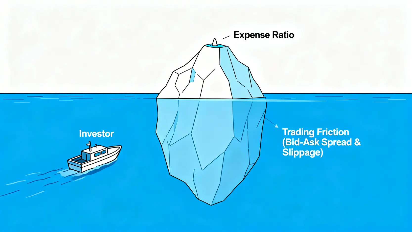 一座冰山,水面上的小尖端標示為「管理費」,而水下巨大的部分標示為「交易摩擦成本」,說明了投資中隱藏的成本遠大於表面費用。