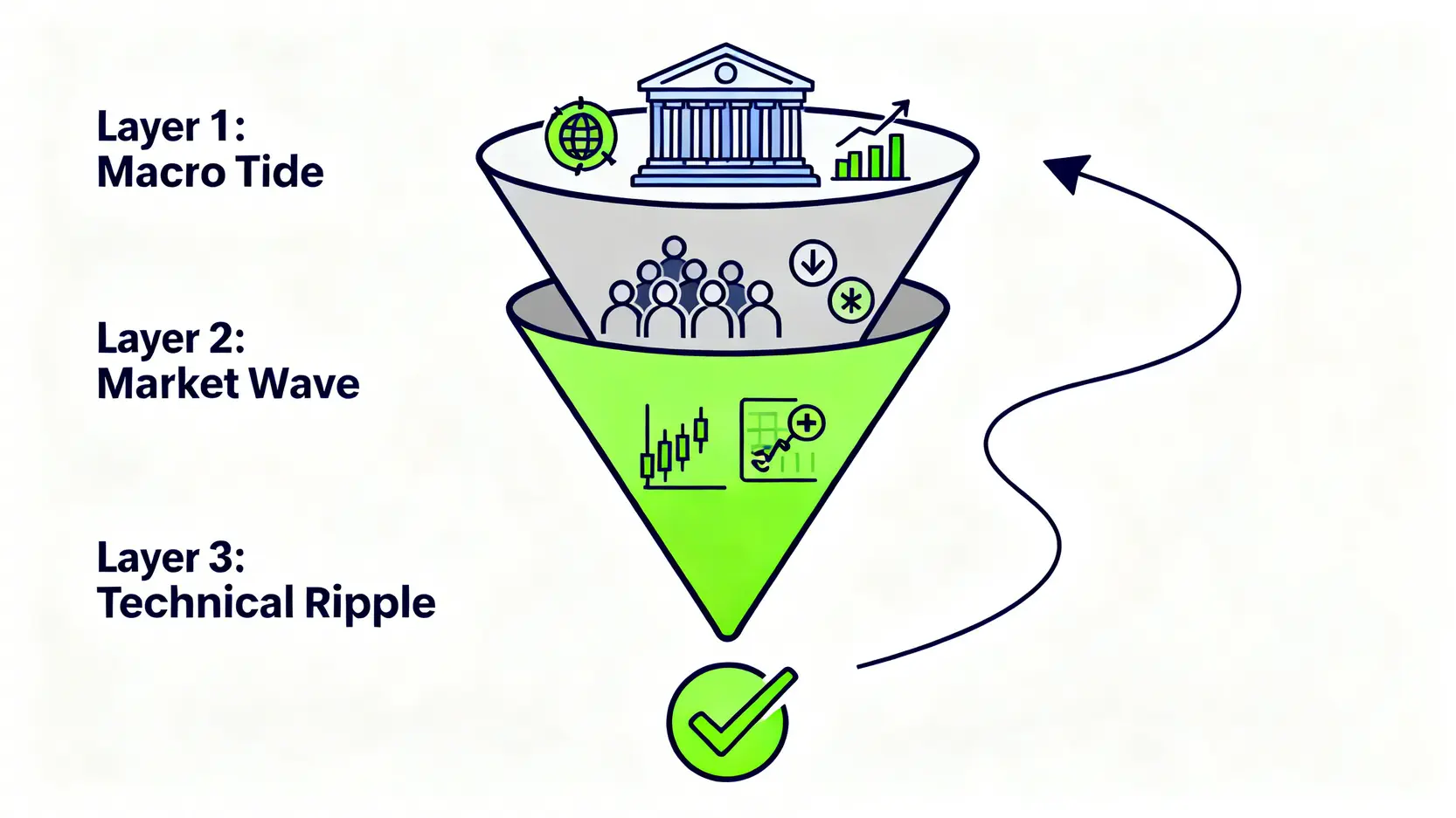 三層濾網反轉識別模型示意圖,展示了從宏觀經濟、市場情緒到技術分析的決策流程。
