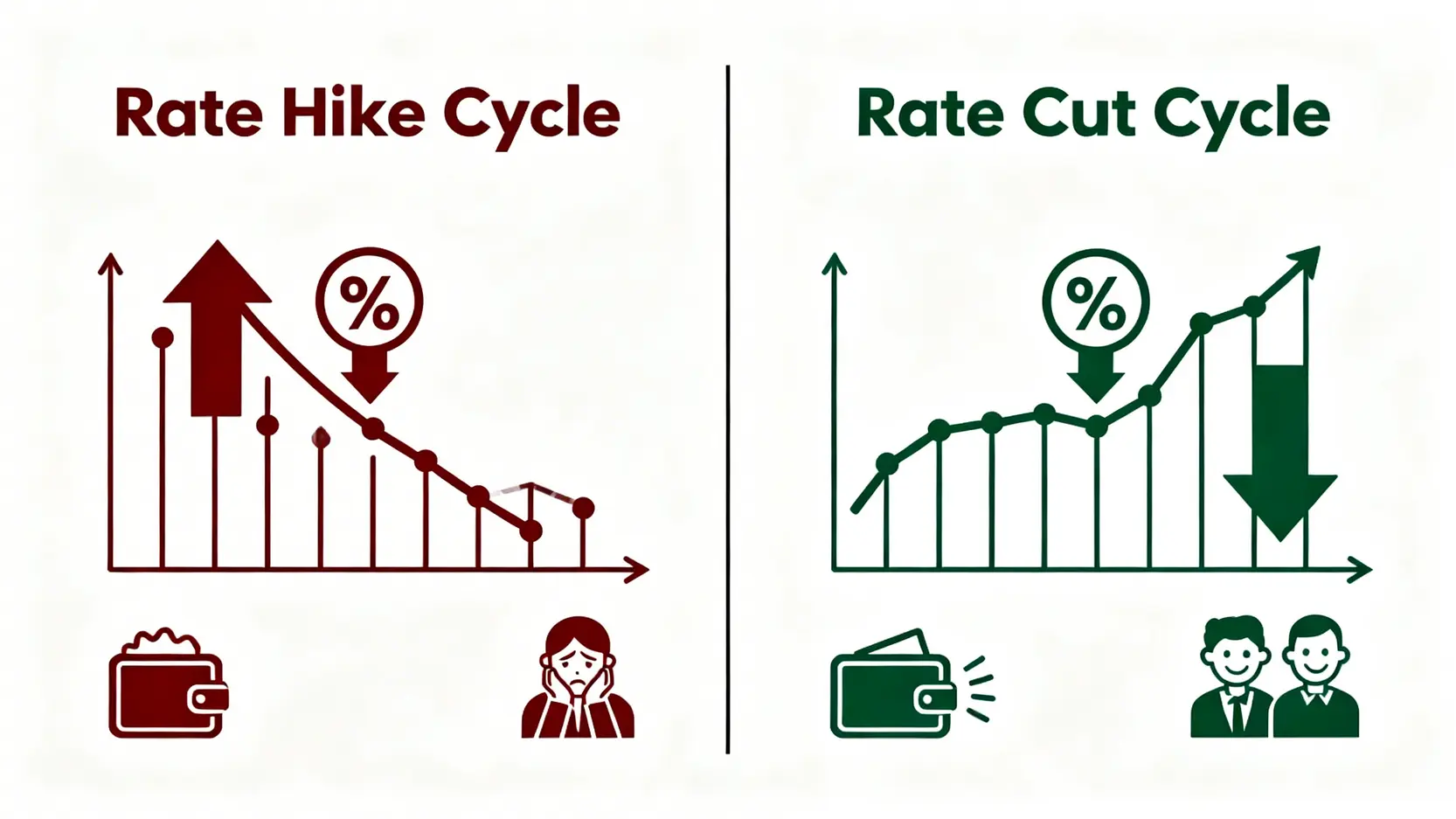 升息與降息週期對股市影響的對比圖,顯示升息時市場承壓,降息時市場上揚。