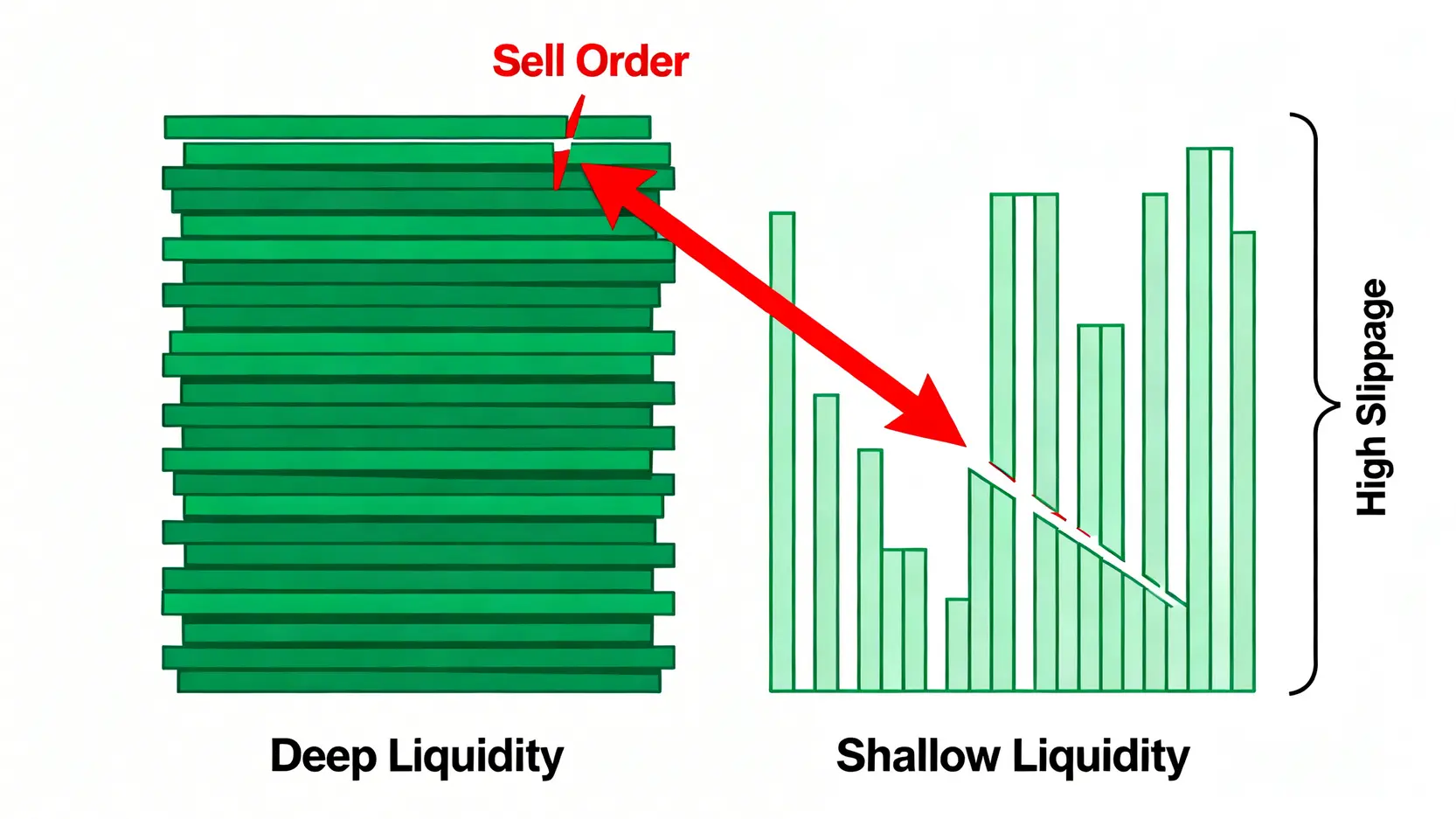 流動性深度對比圖,顯示在流動性深的交易所(左)大額訂單對價格影響小,而在流動性淺的交易所(右)則會產生嚴重滑點。