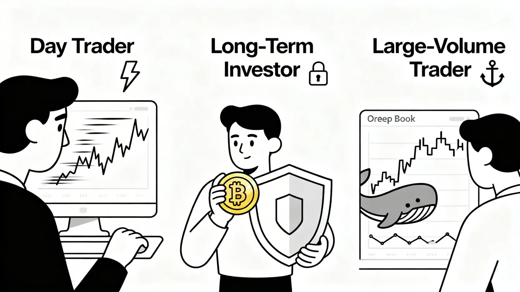 三種交易者類型及其平台選擇重點:日內交易者重視速度,長線投資者重視安全,大額交易者重視低滑點。