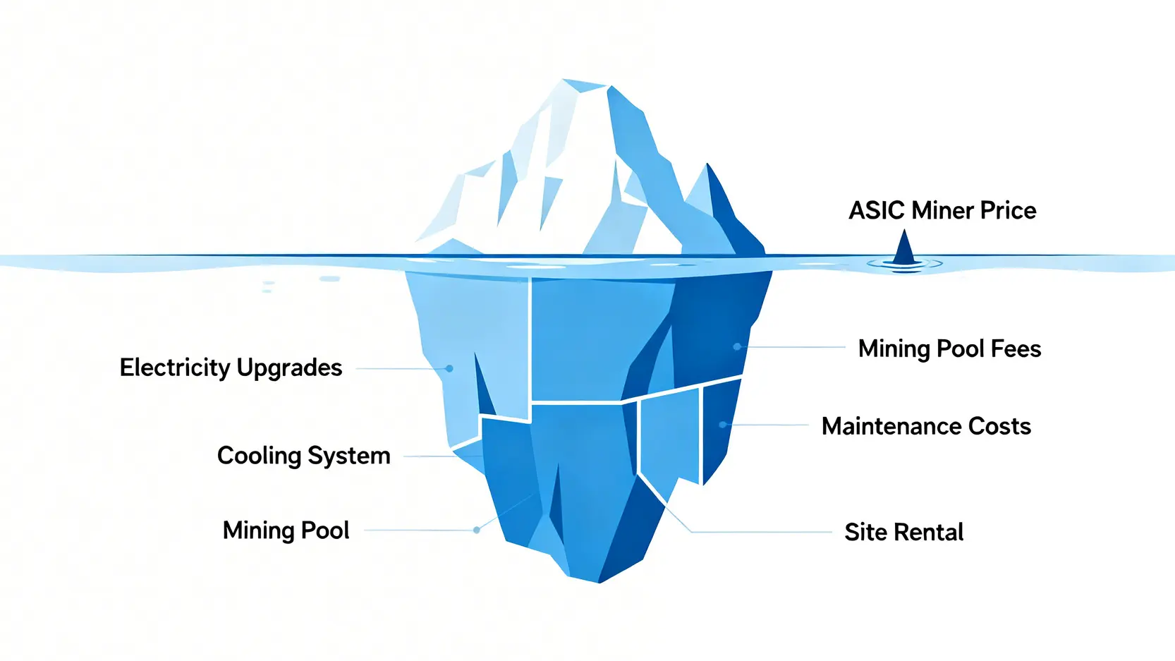 比特幣挖礦成本冰山圖,顯示礦機價格僅為表面成本,而電力改造、散熱系統等才是更龐大的隱藏成本。