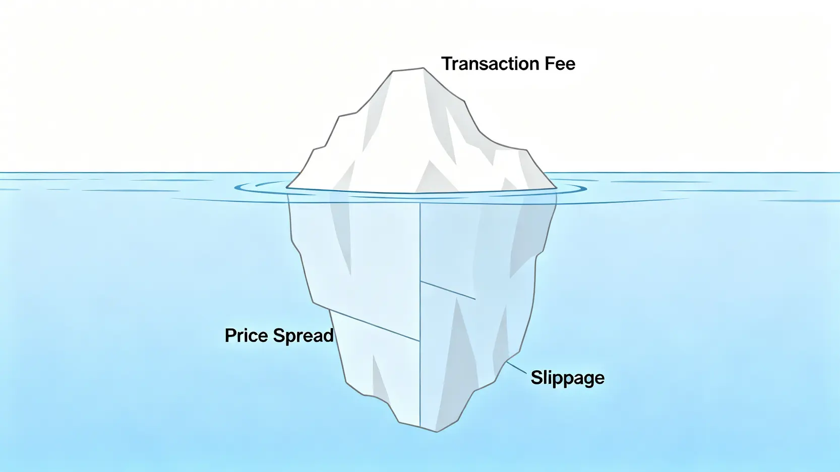 交易成本冰山圖,顯示手續費只是冰山一角,水面下是更大的價差與滑點成本。