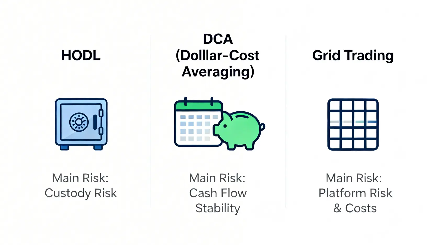 三種加密貨幣投資策略(長期持有、定期定額、網格交易)及其主要風險的對比圖。