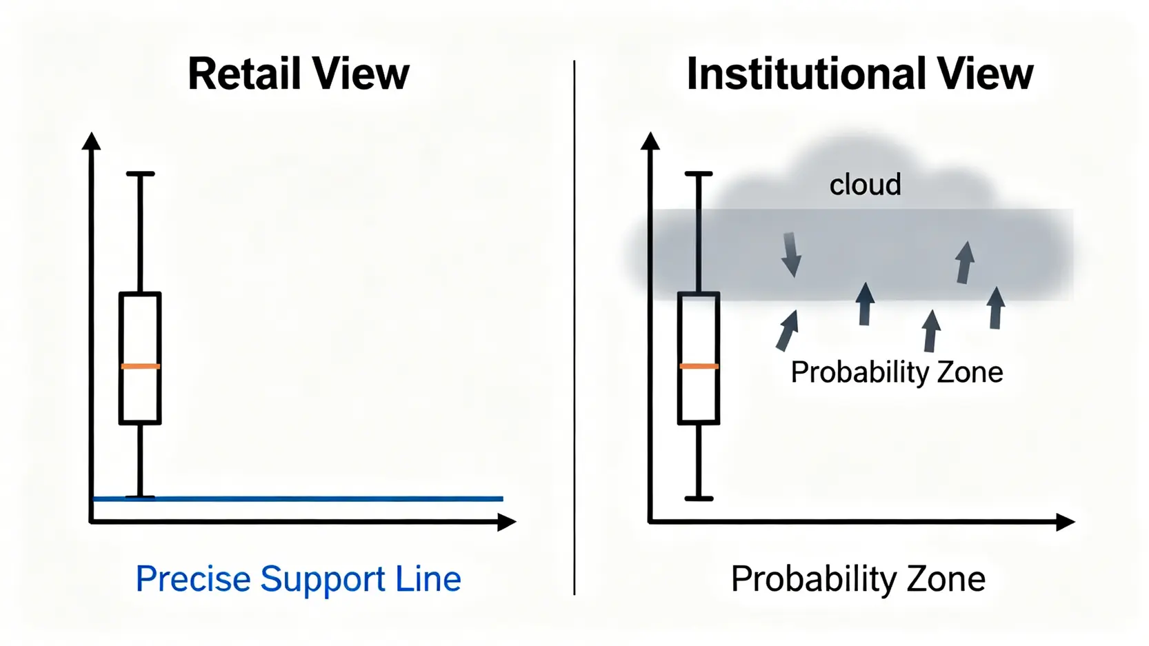 散戶與機構對趨勢線看法的對比圖,散戶視為精準的線,機構視為概率區間。