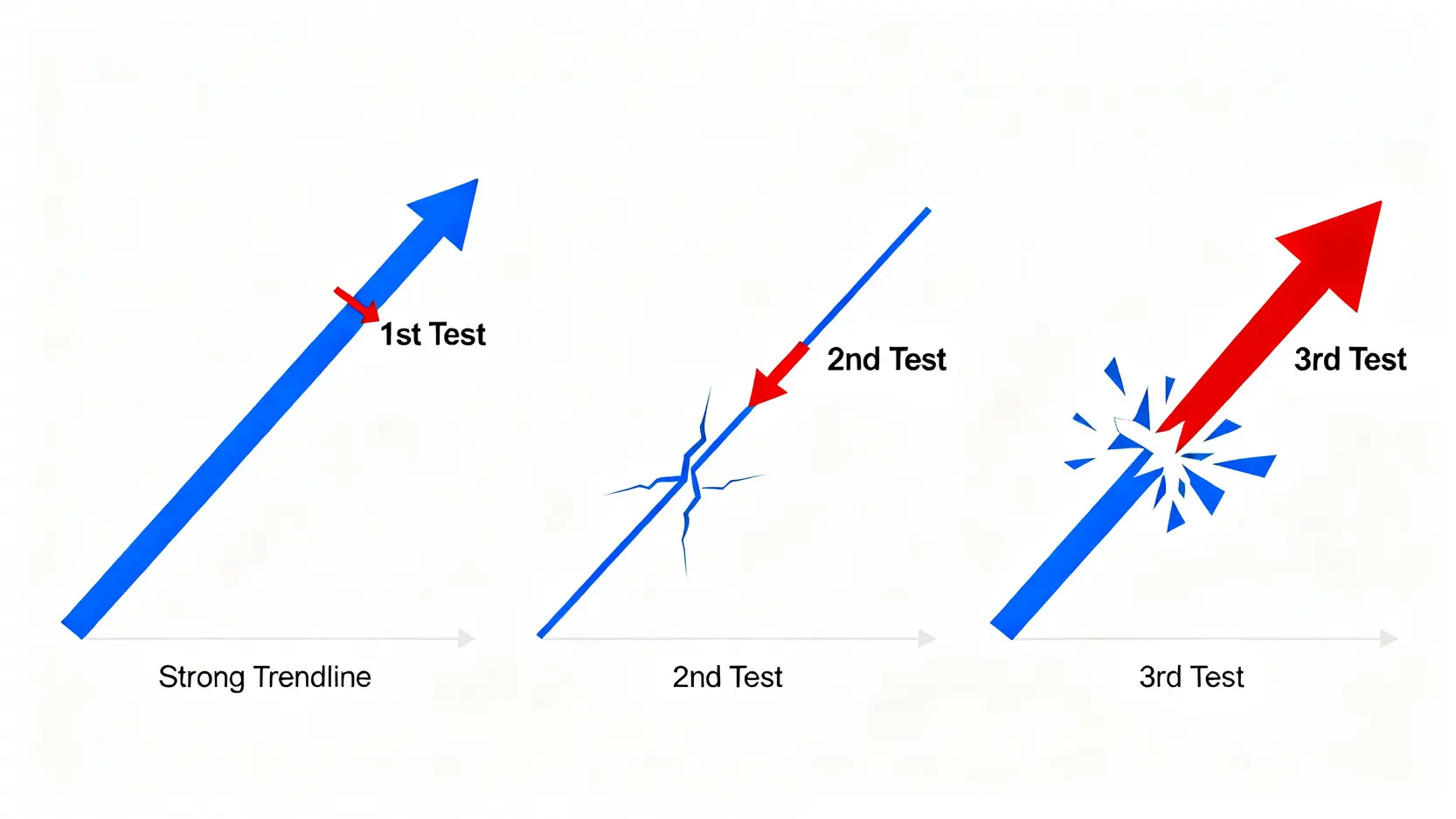 趨勢線衰減效應示意圖,展示趨勢線被多次測試後強度減弱最終被突破的過程。