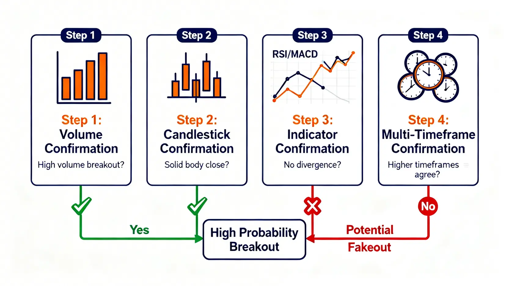 識別假突破的四步確認法流程圖,包含成交量、K線實體、指標背離和多時間週期分析。