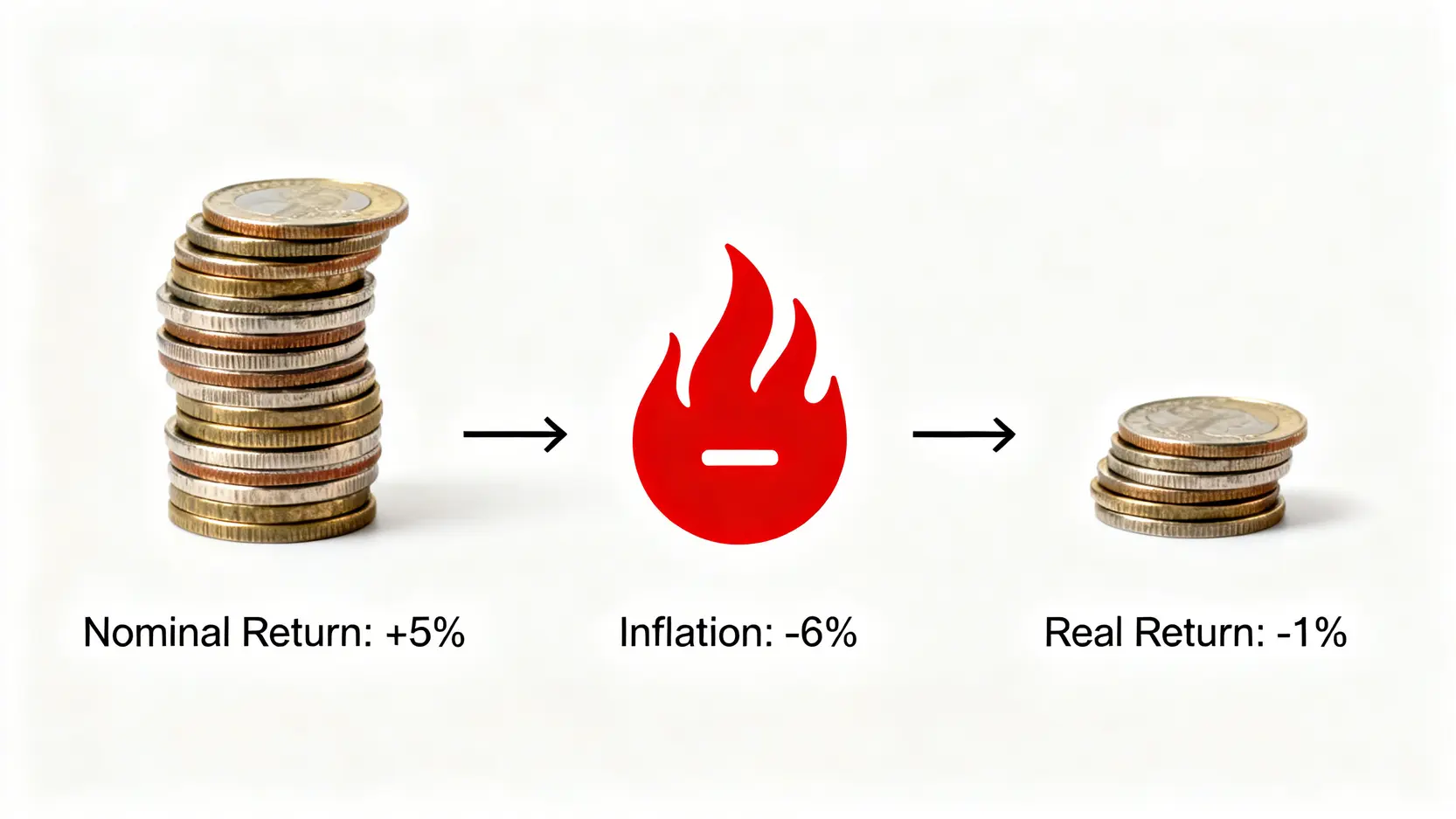 通膨侵蝕風險示意圖,顯示5%的名目報酬在6%的通膨率下,導致實質報酬變為負1%。