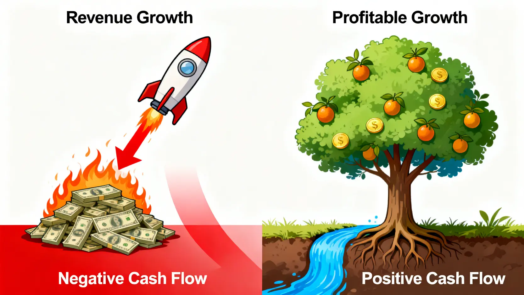 一張對比圖,左邊是燃燒現金換取營收成長的火箭,右邊是依靠健康現金流穩定成長的大樹,揭示了兩種不同成長模式的區別。