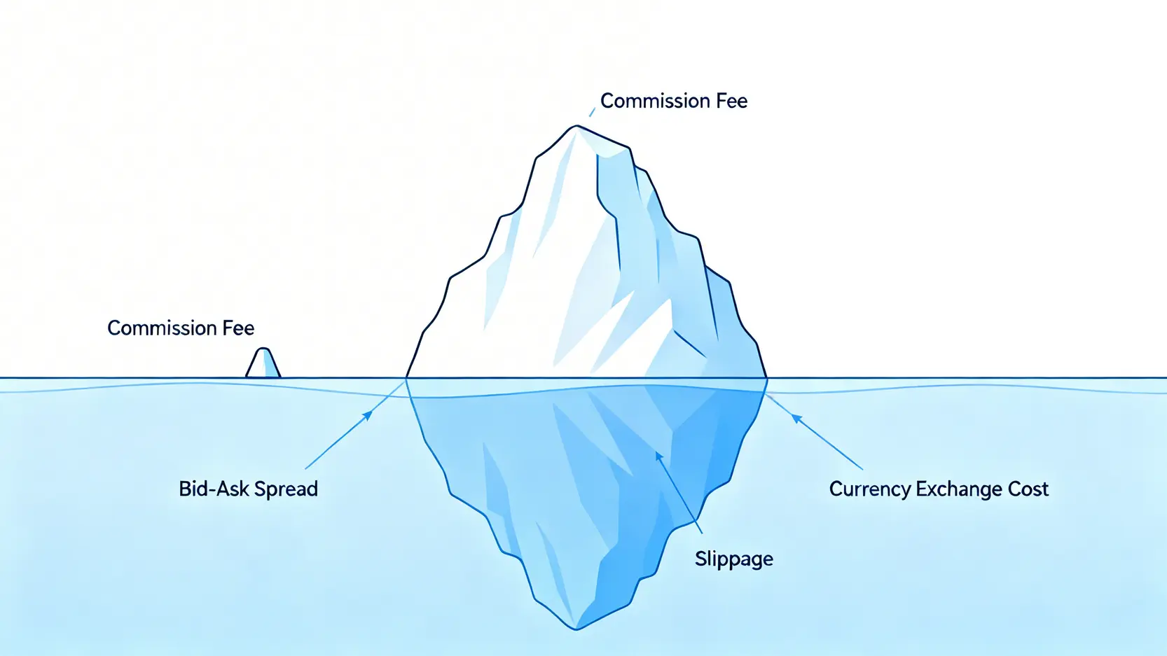 一張冰山圖,形象地展示了交易成本的構成。水面上可見的小部分是手續費,而水面下隱藏的巨大部分是買賣價差、滑點和匯率成本。