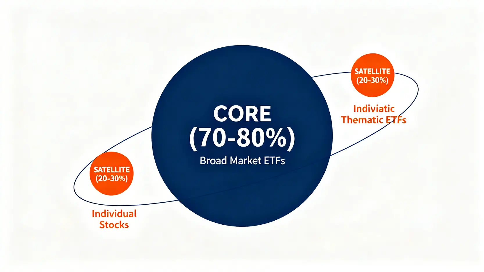 核心-衛星投資策略示意圖。中心是一個大的核心部位,佔70-80%,由市場ETF構成;周圍是幾個小的衛星部位,佔20-30%,由個股或主題ETF構成。