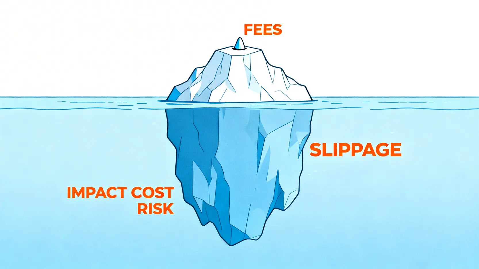 總體交易成本冰山圖,展示了可見的手續費只是冰山一角,而水下的滑點、市場衝擊成本和風險才是更巨大的隱藏成本。