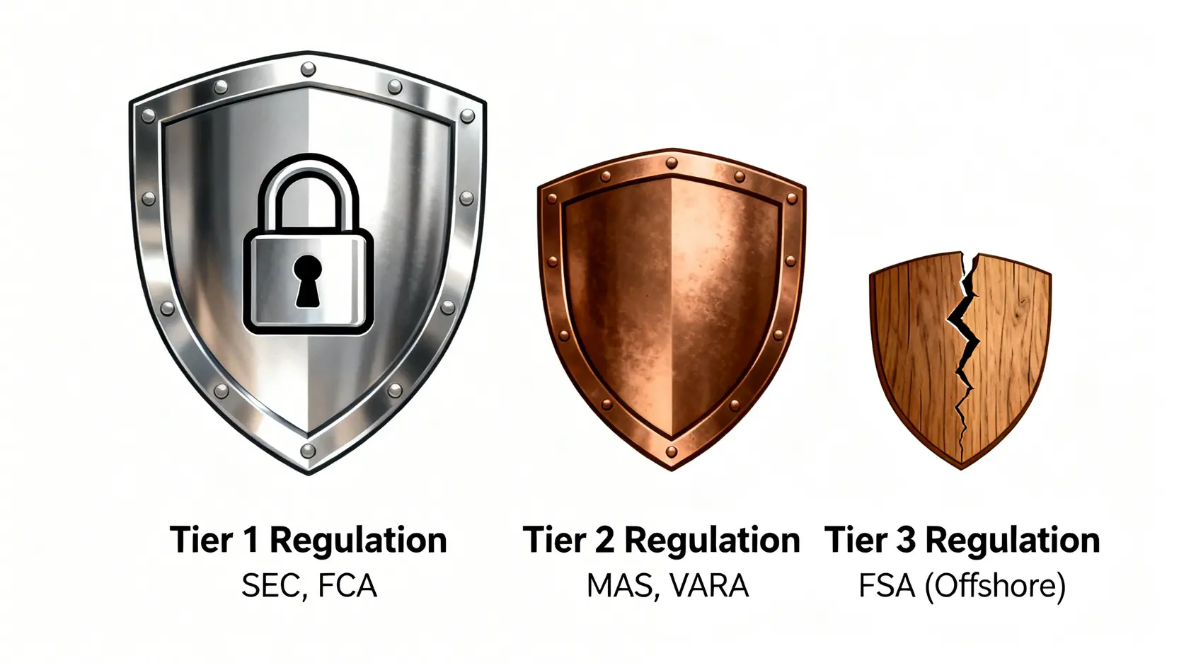 監管牌照等級對比圖,以三面不同強度的盾牌分別代表第一級、第二級和第三級監管,象徵其為投資者提供的保護力度差異。