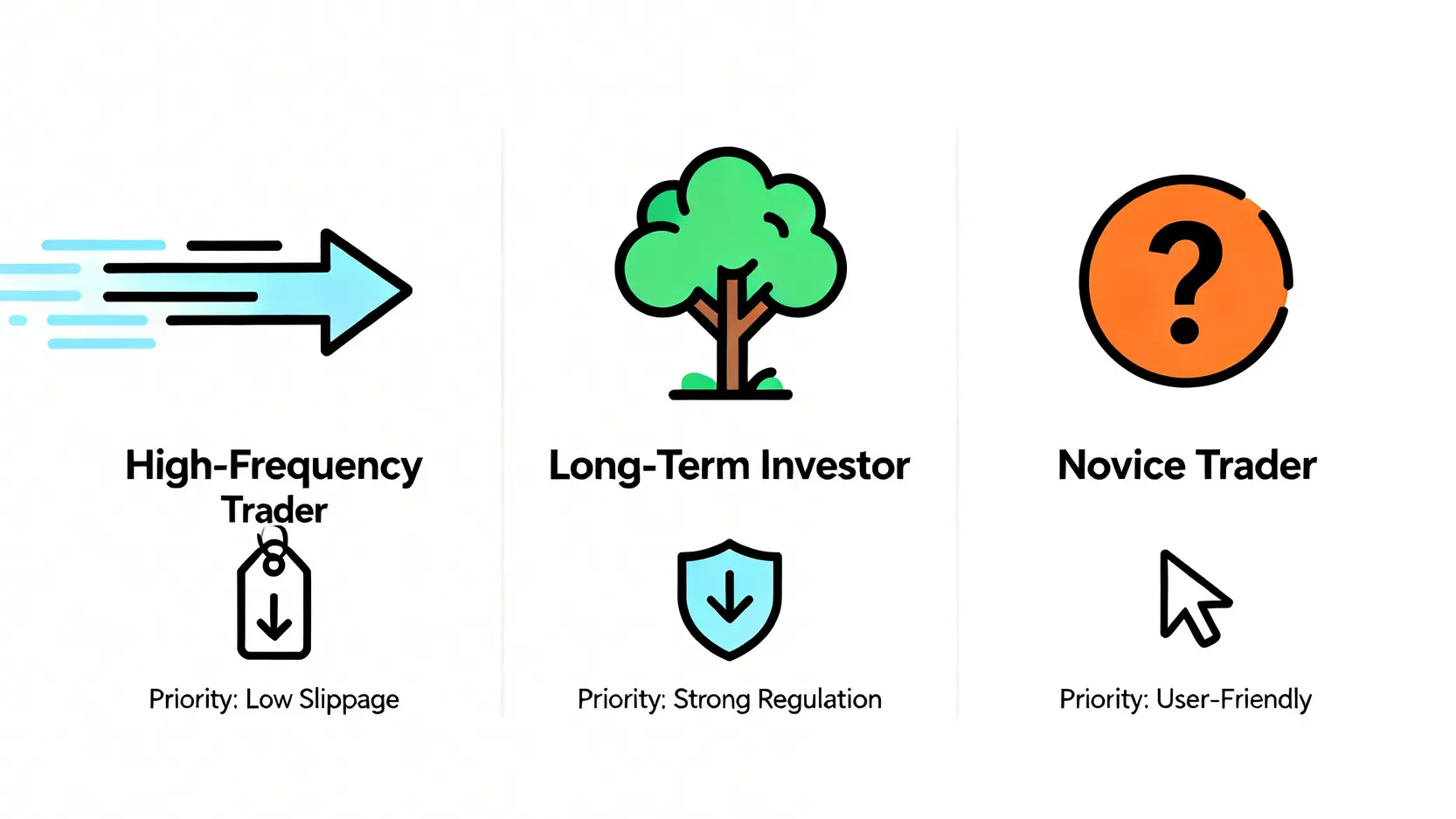 不同類型交易者的交易所選擇指南,分別展示了高頻交易者、長線投資者和新手入門者在選擇平台時應優先考慮的因素:低滑點、強監管和用戶友好性。