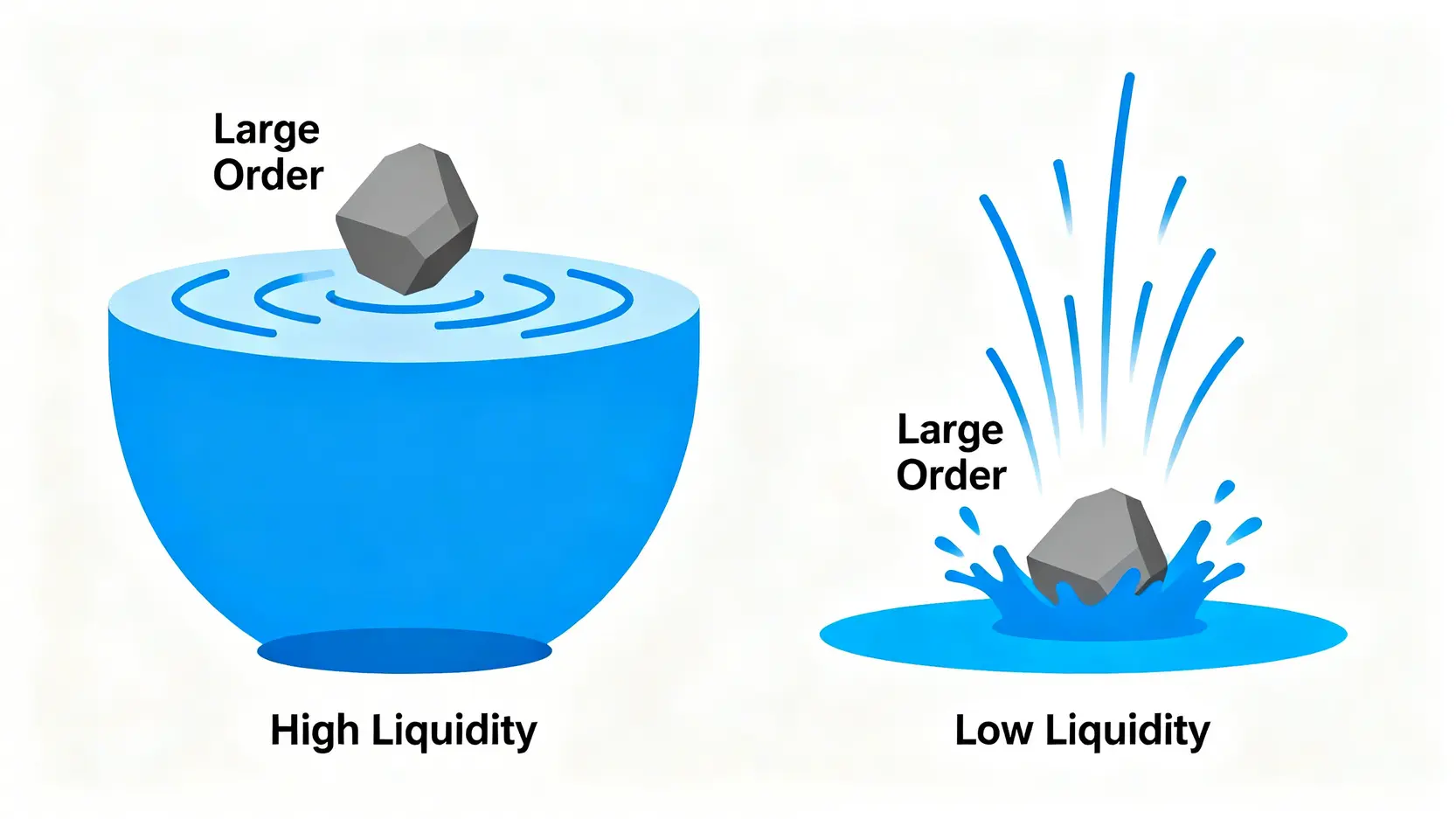 流動性深度示意圖,以深水庫和淺水灘比喻掛單簿深度,解釋其對市場價格穩定性的影響。