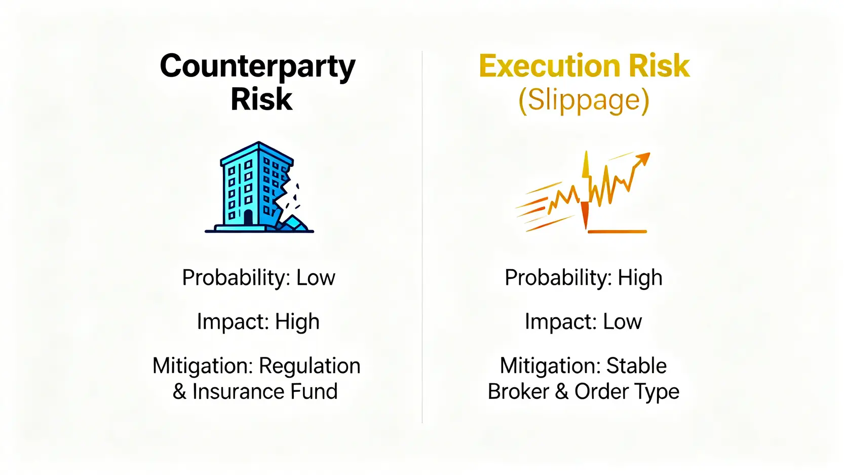 交易對手風險與執行風險的對比圖,比較兩者在發生機率、衝擊程度與應對策略上的差異。