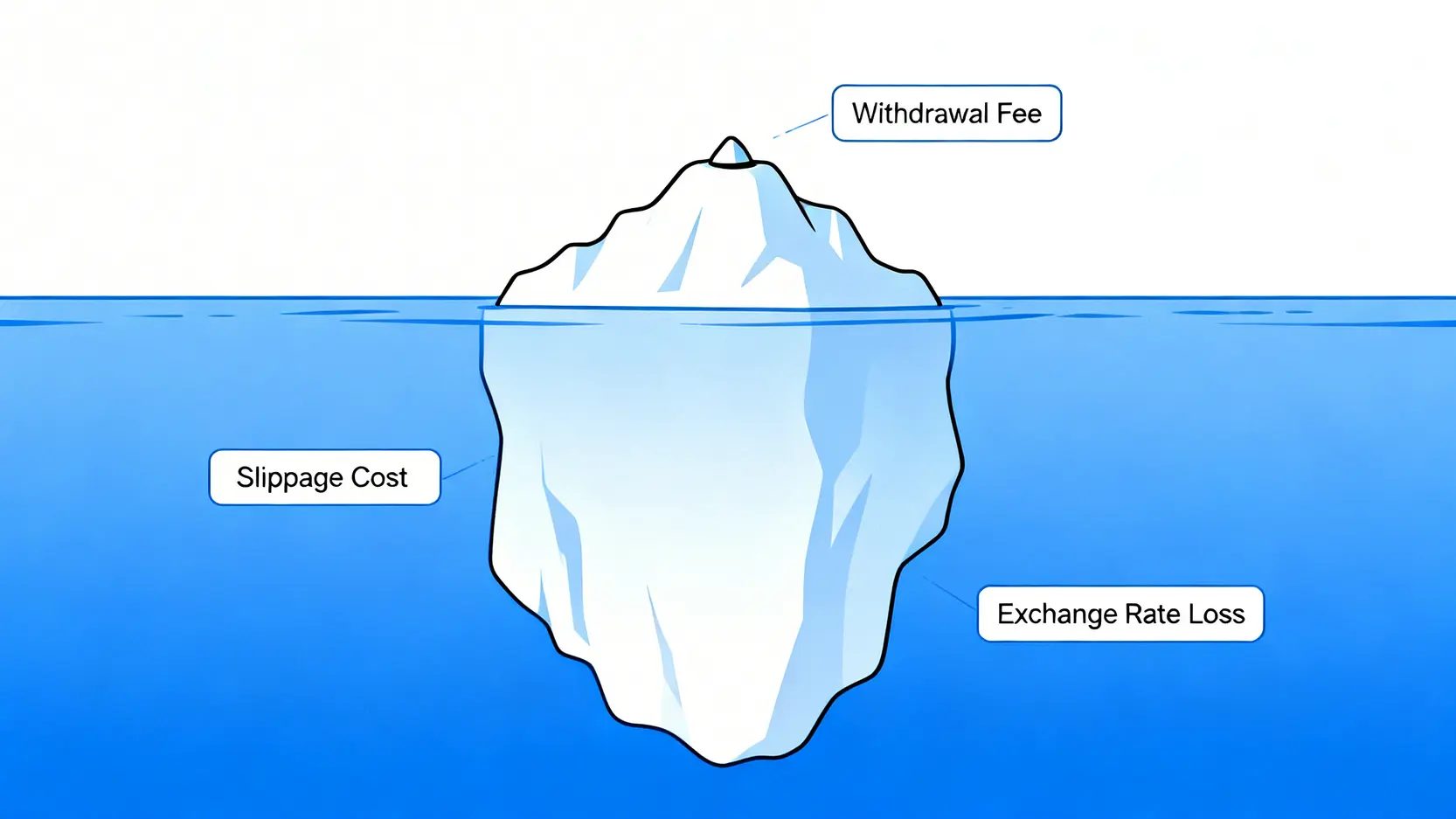 冰山圖解說加密貨幣出金的隱藏成本,水面上可見的是手續費,水下巨大的是滑點與匯損成本。