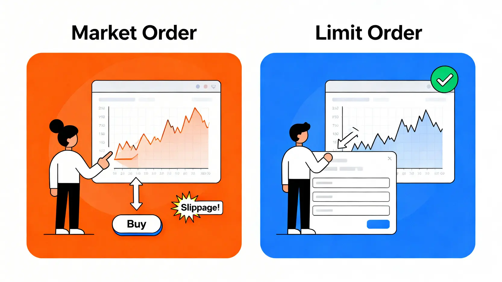 市價單與限價單的對比圖,顯示市價單可能因滑點而以較高價格成交,而限價單能精準控制成交價格。