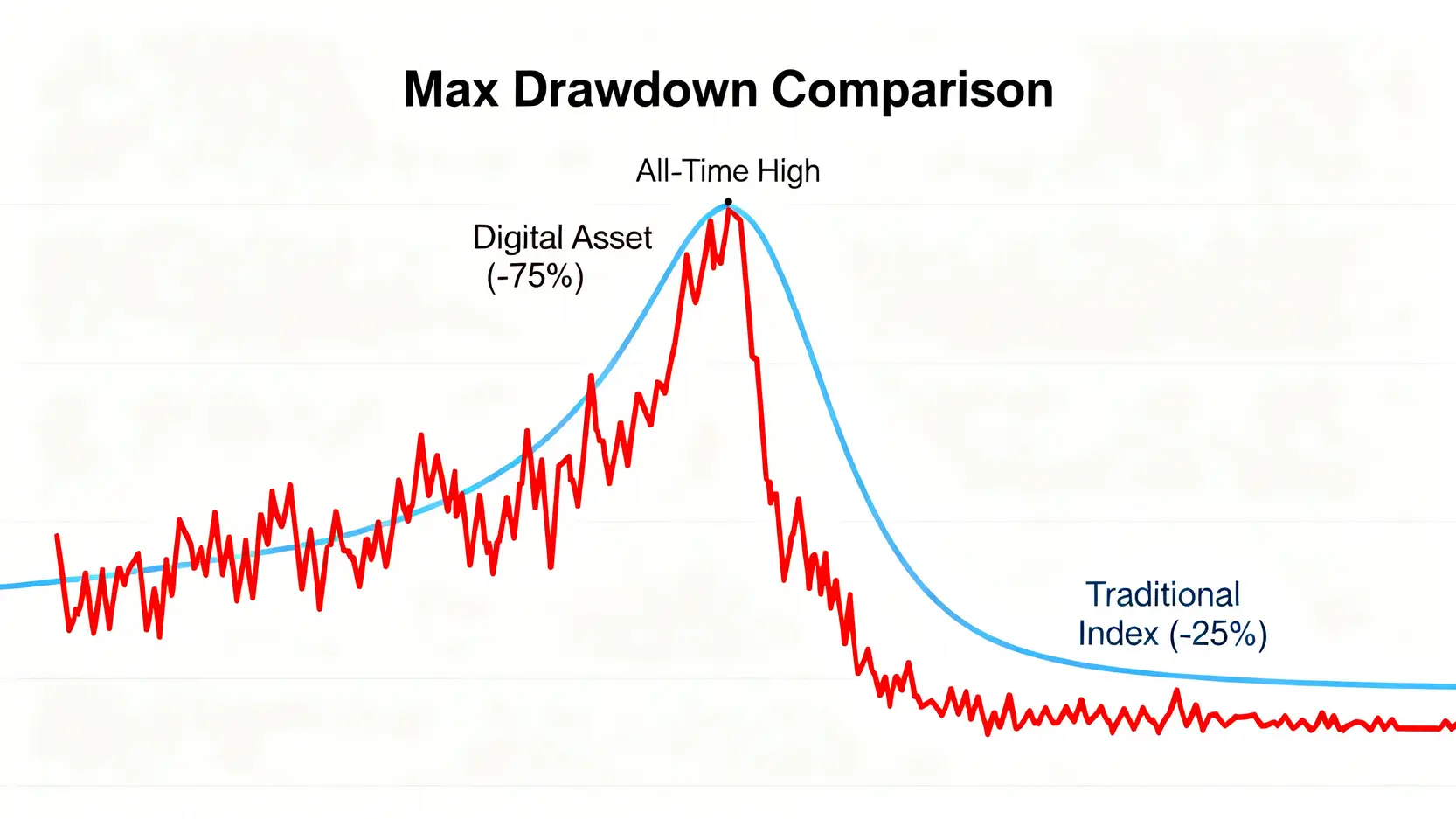 數據圖表比較數位資產與傳統市場指數的最大回撤,顯示數位資產從高點回落的幅度遠大於傳統市場指數。