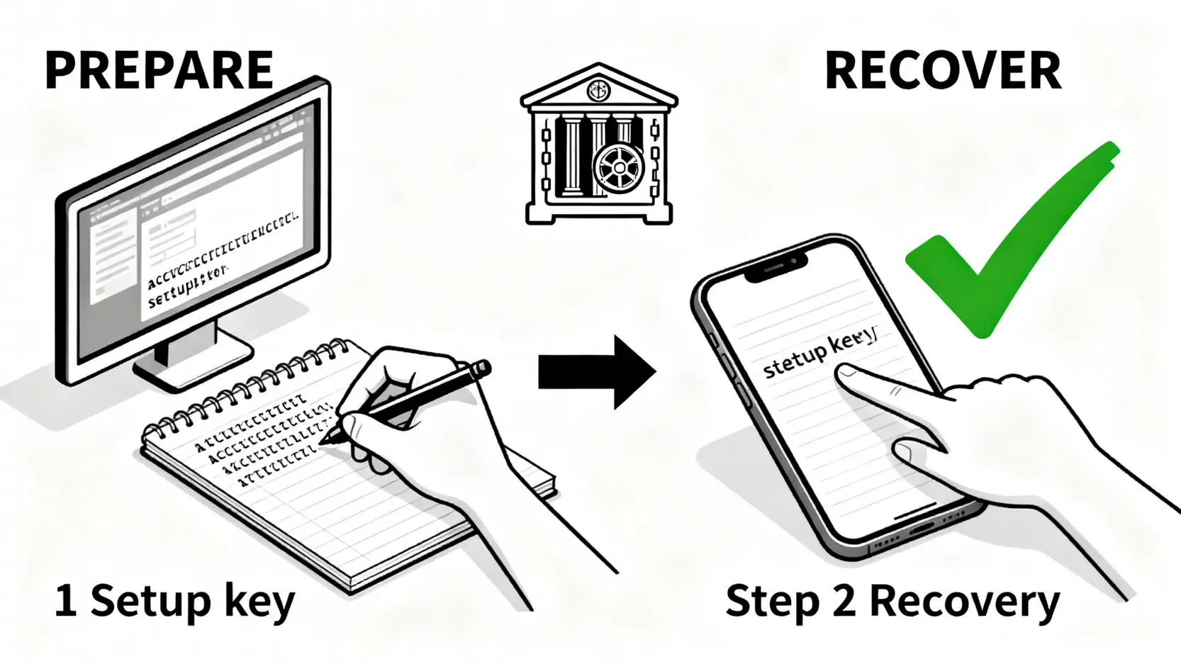 物理備份2FA密鑰以應對手機遺失的災難恢復流程示意圖。