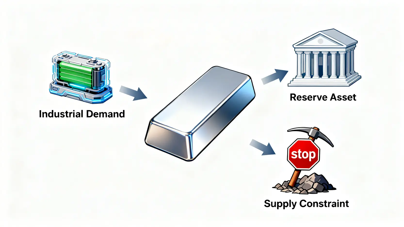 一張示意圖,展示了驅動白銀價格的三大催化劑:工業需求(固態電池)、儲備資產(央行購買)和供給緊縮(礦業減產)。