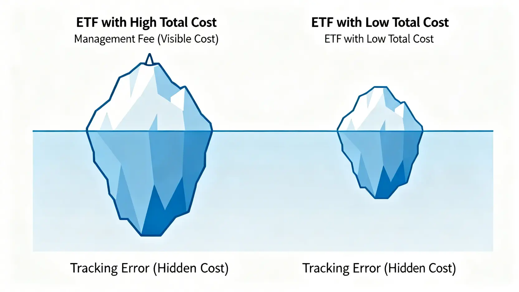 一張比較圖,用冰山比喻兩種ETF的總成本。高成本ETF有較大的隱性成本(追蹤誤差),如同冰山水下更大的部分。