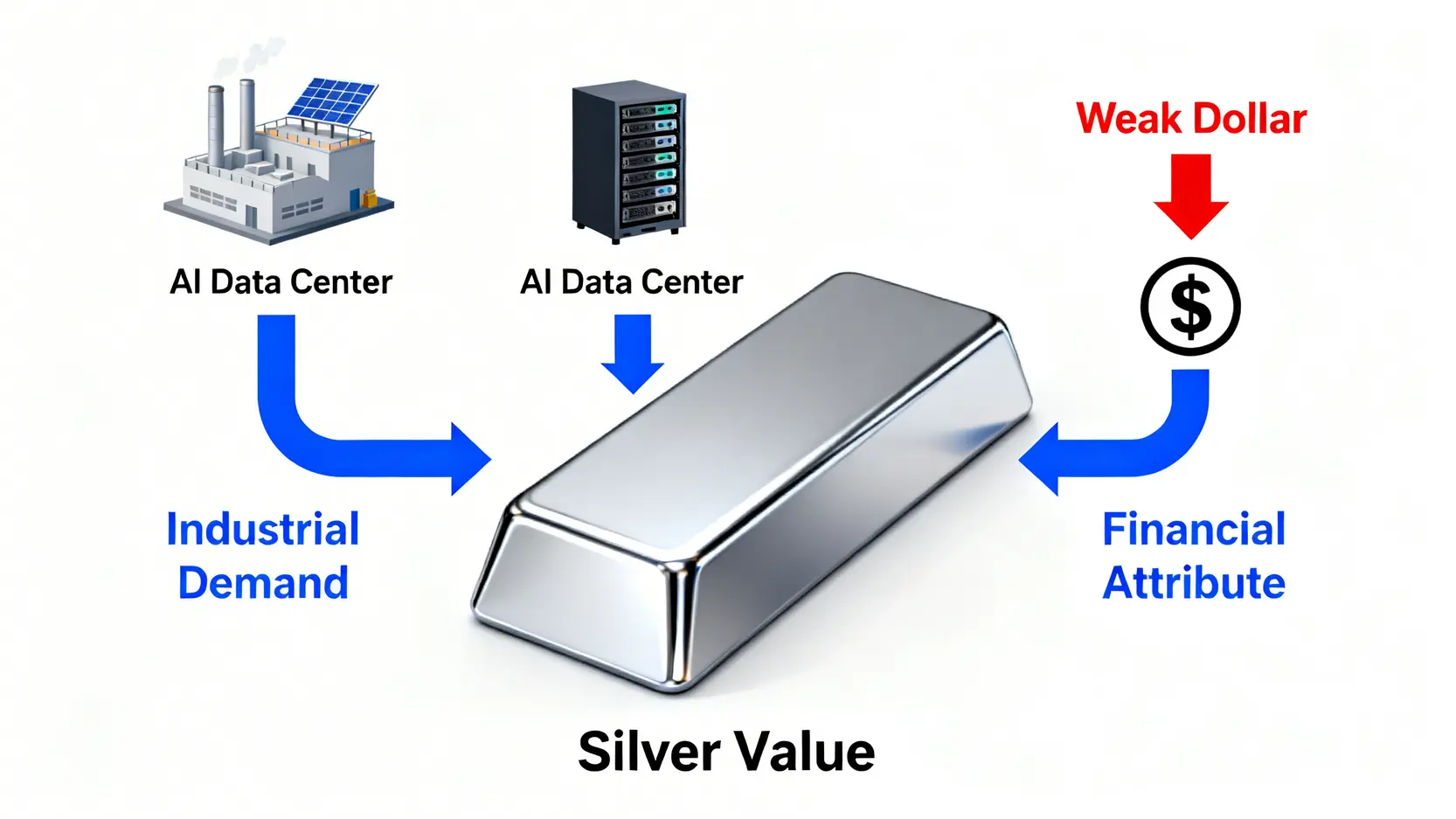 一張示意圖,展示了驅動2026年白銀價值的兩大引擎:左邊是工業需求(AI伺服器與太陽能),右邊是金融屬性(弱勢美元)。