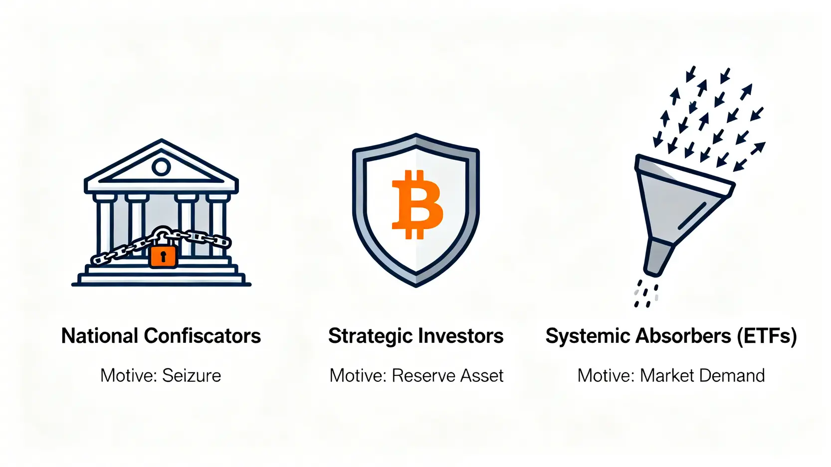 三種比特幣影響力持有者類型示意圖:國家沒收者、戰略投資者與系統級吸納者。