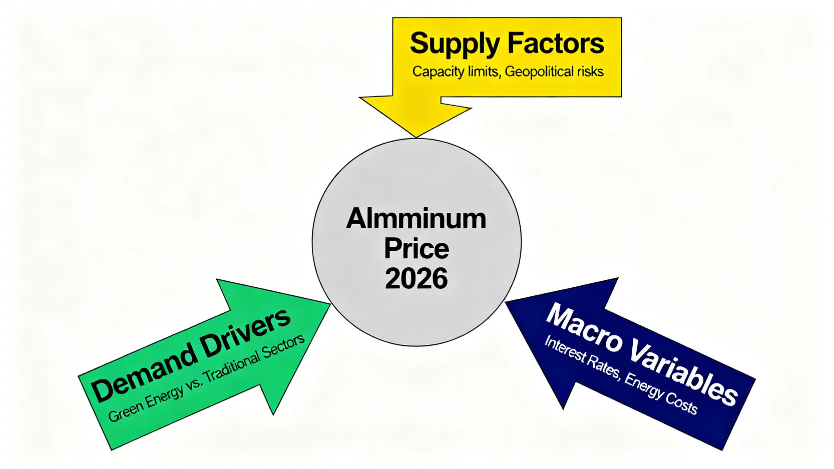 2026年鋁價三大核心驅動力示意圖,包含供給、需求與宏觀變數三個方面。